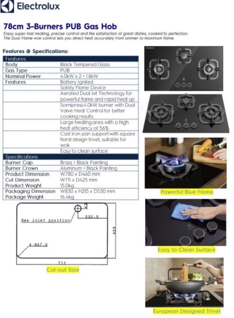 Electrolux Gas Stove EGT7836CK, TV & Home Appliances, Kitchen