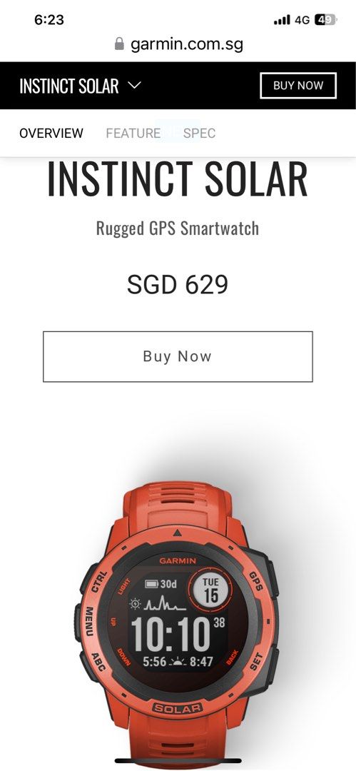 GARMIN INSTINCT SOLAR Rugged GPS Smartwatch