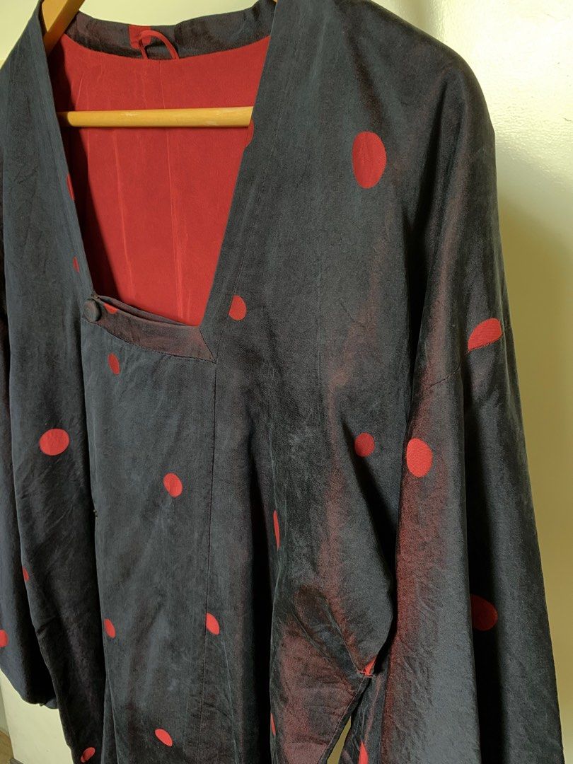 Handmade Polka Dot Kimono Dress (Category: Dresses) located in Caloocan City. Submitted by hellodeco (Listing ID 1260140078, Image 2). Description: Handmade Two-Toned Polka Dot Kimono Dress Width: 21” laid flat Length: 43” All stitches are by-hand. I’m a designer so will keep this for study if not sold. Flaws: there’s a tiny fray of strand but unnoticeable naman. Will also stitch clean the snaps at the front for a more polished look. .