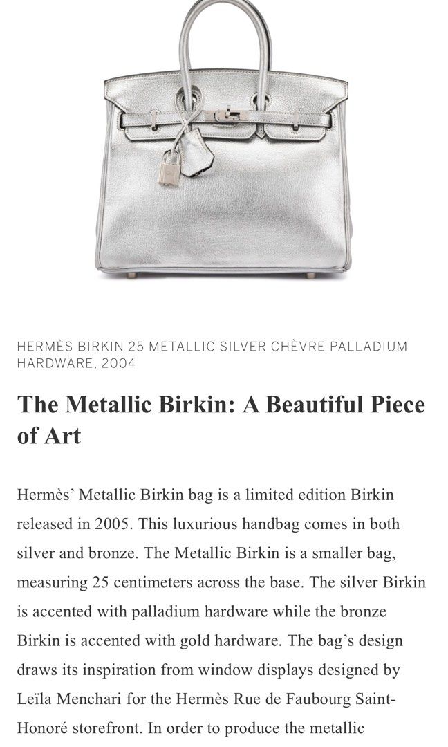 Hermes Birkin 25 Ultra Rare Metallic Silver Chevre Palladium Hardware