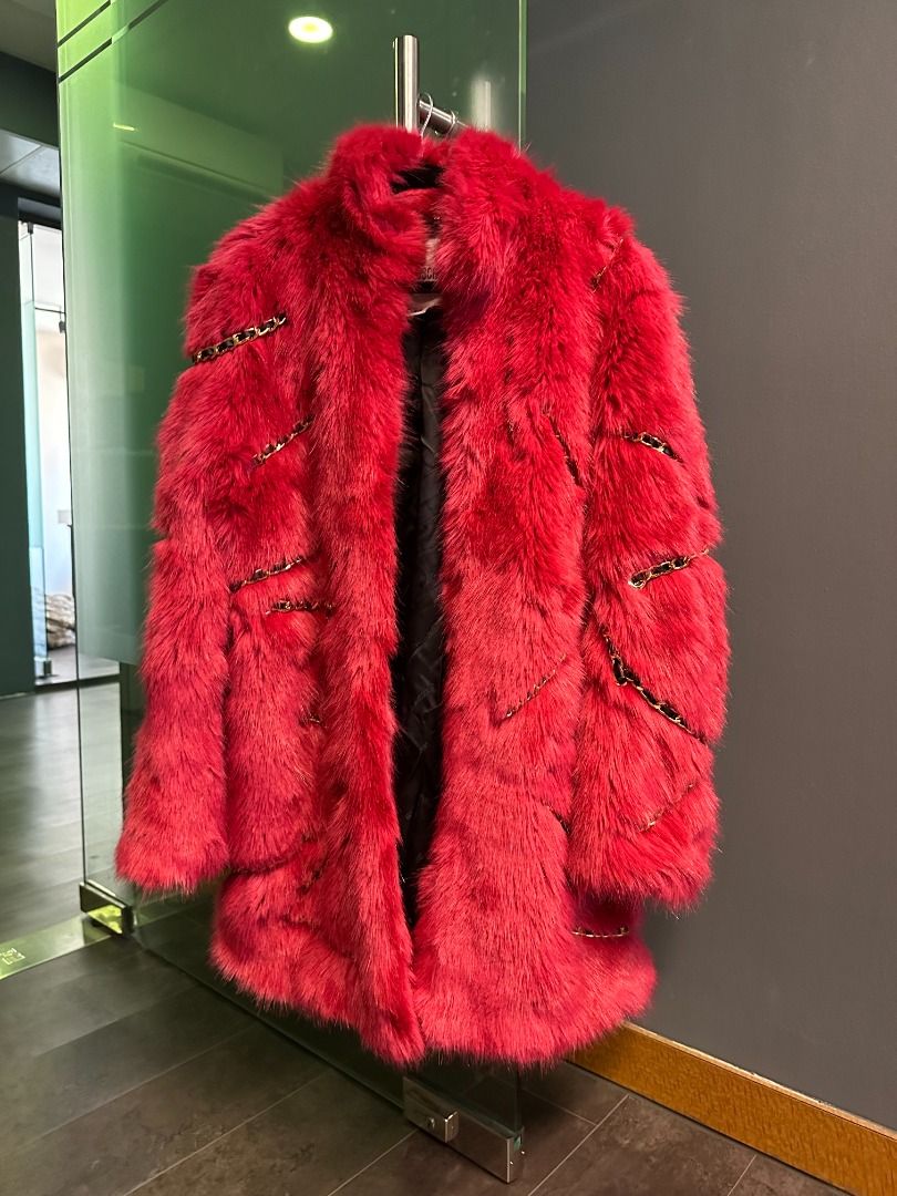 Red faux fur top coat h&m