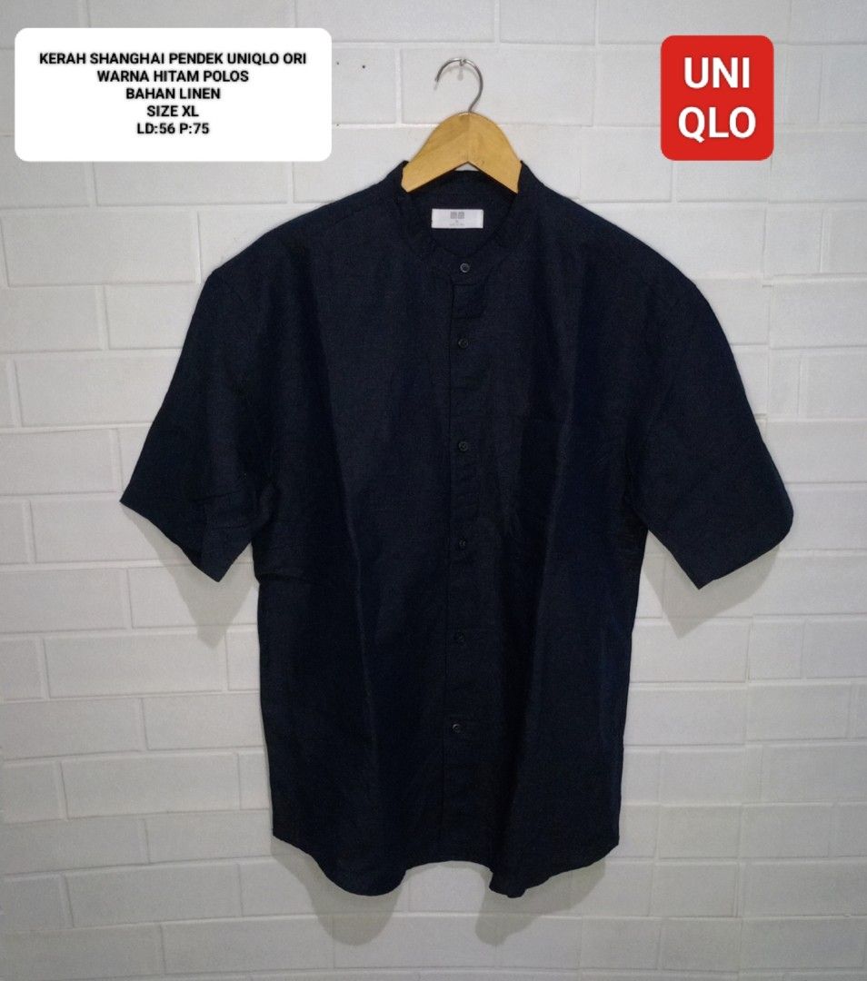 KEMEJA PENDEK HITAM KERAH SHANGHAI UNIQLO ORI SIZE XL BAHAN LINEN