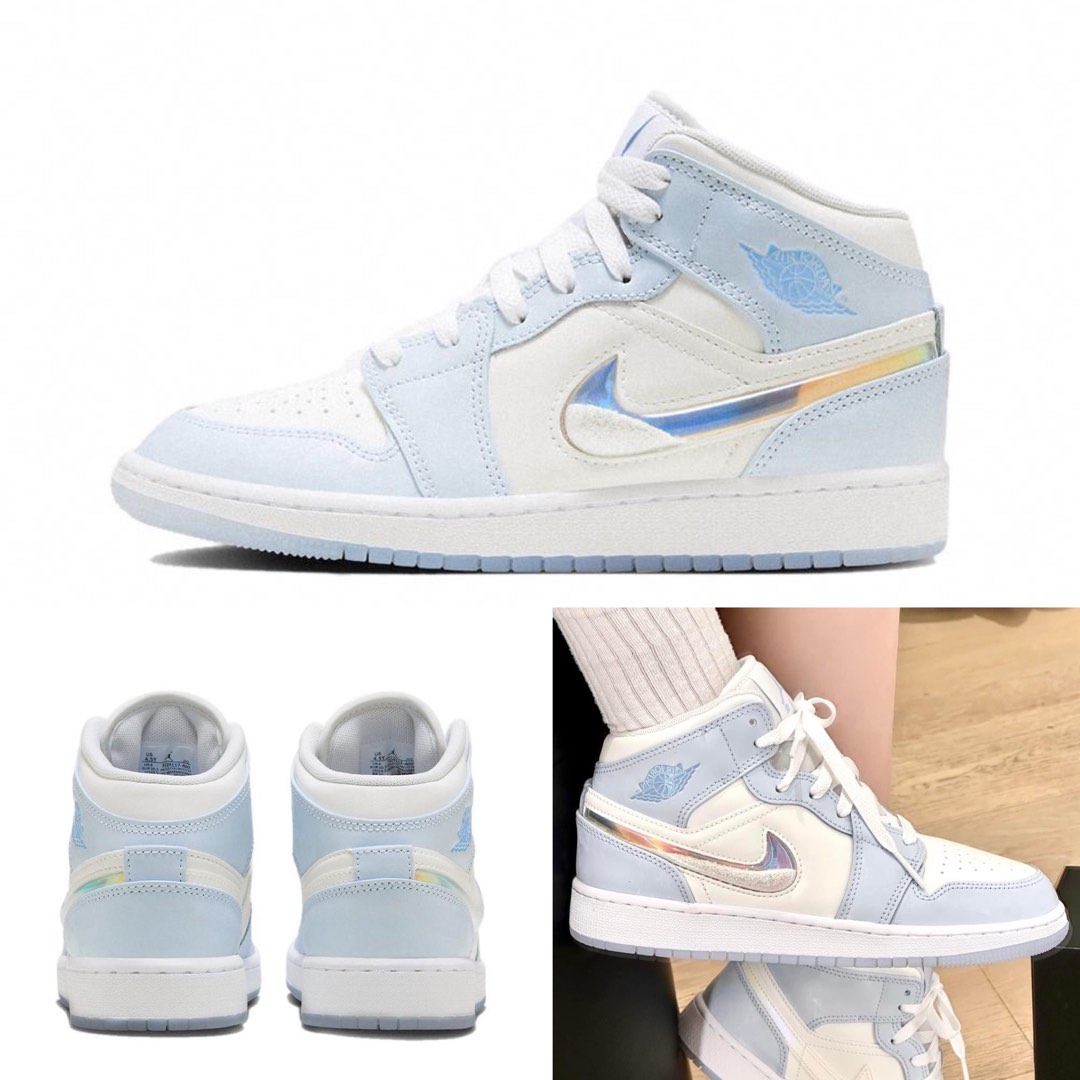 Nike Air Jordan 1 Mid Glitter Swoosh 極光藍 冰雪奇緣 女款休閒鞋FQ9117400, 她的時尚, 鞋