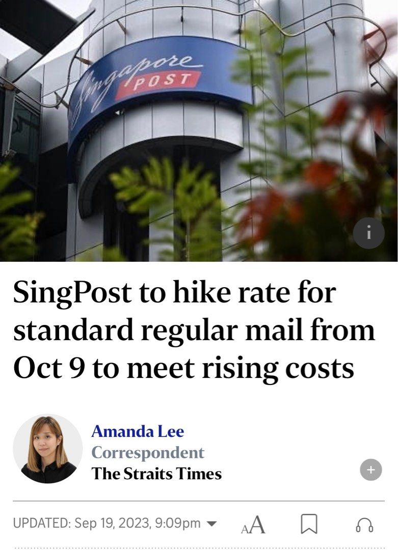 NOTICE SingPost New Postal Rate wef 9 October 2023, Announcements on