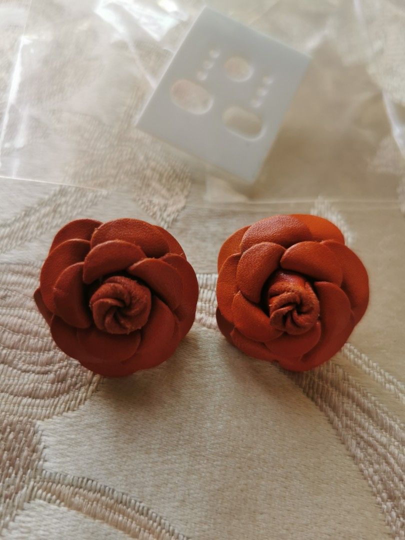 Orange flower rose earrings real leather stud Women s Fashion