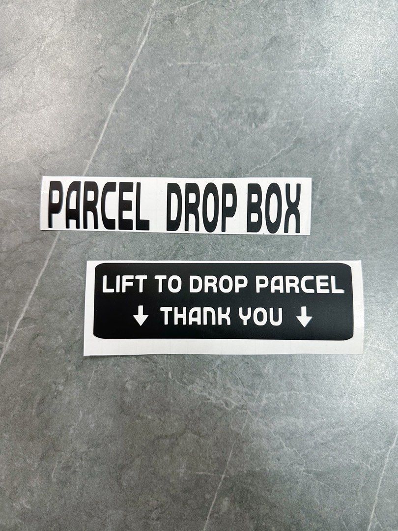 Parcel drop sticker package mail (Category: Home Improvement Tools & Accessories) located in Singapore. Submitted by lumillix (Listing ID 1260250412, Image 3). Description: Design 1 (Length 15, Height 7.91cm) Design 2 (L 15, H 7.91cm) Design 3 (L 15, H 11.45cm) Design 4 (L 15, H 11.45cm) Design 5 (L 15, H 10cm) Design 6 (L 15, H 3cm) and (L 15, H 4.5cm) Design 7 (L 7-8, H 1.5cm) Design 1-6 $14 Design 7 $4.50 Normal mail $1 Smartpac $4 Self collec