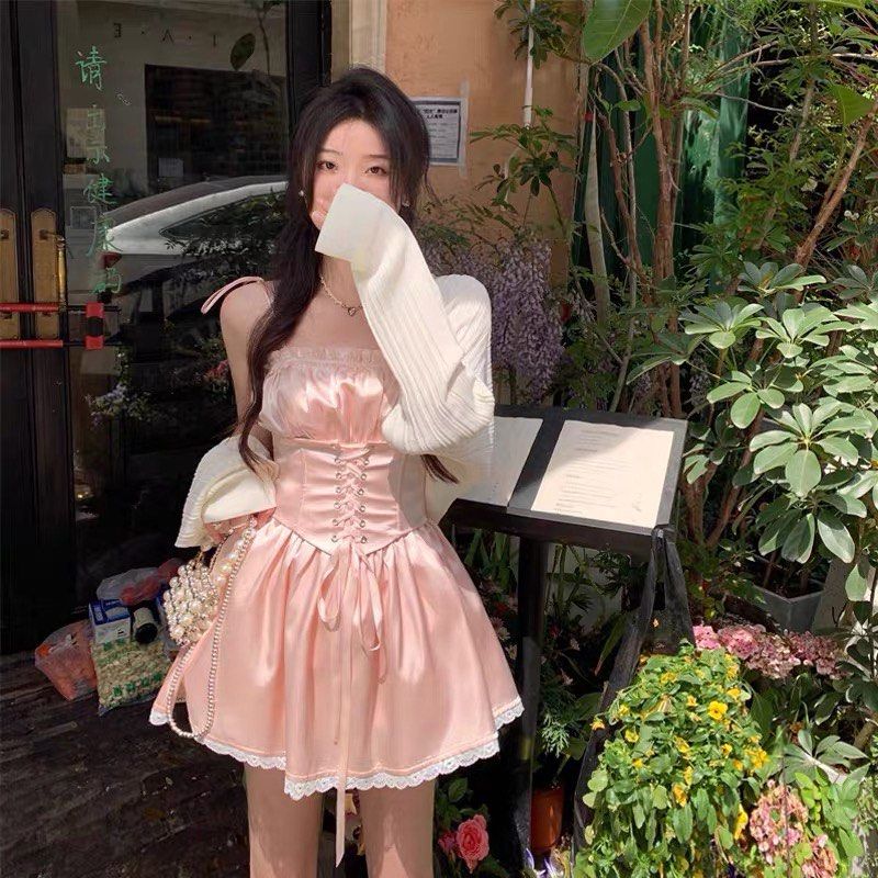 Strapless Satin Long Dresses with Pockets Pearl Pink