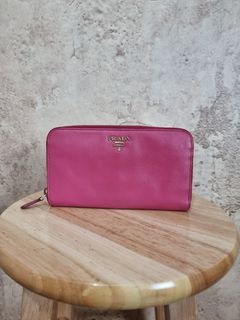 "Prada" -Pink Saffiano Leather Long Zippered  Wallet-