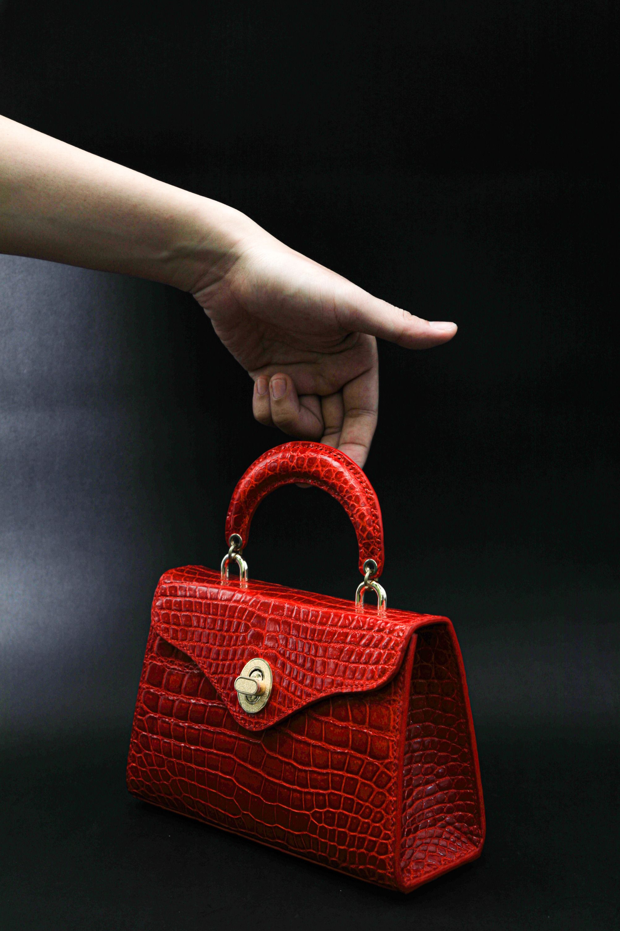Red Handmade Genuine Crocodile Handbag with sling Luxury Bags
