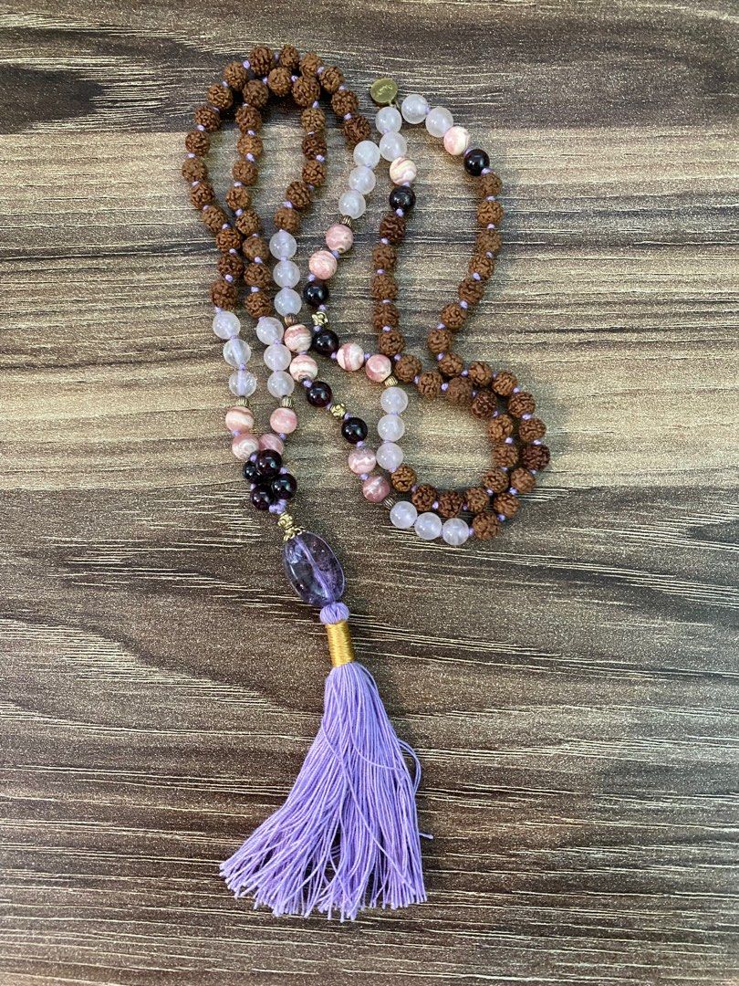Rose quartz rhodochrosite gemstone 6mm rudraksha mala necklace