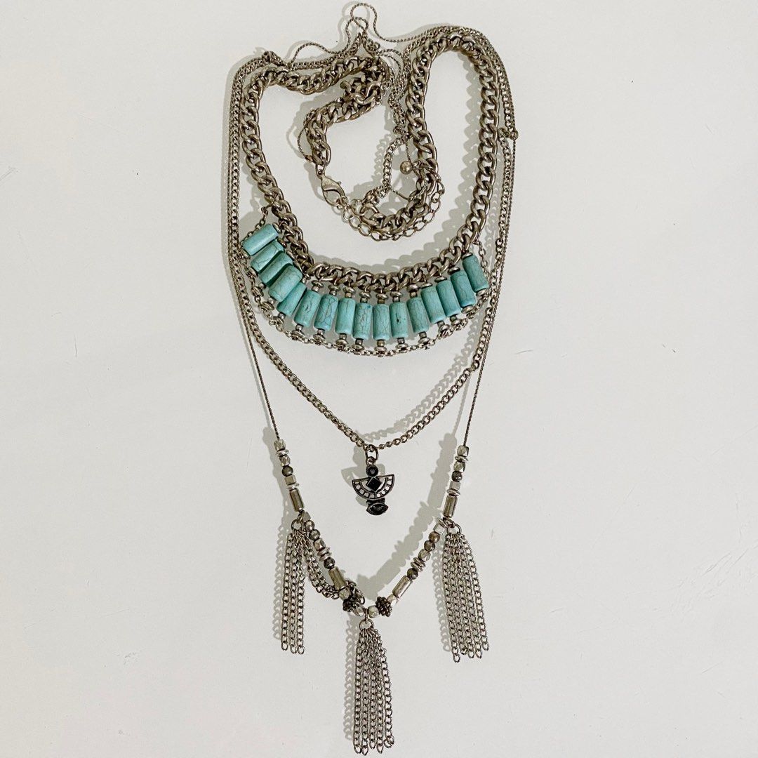 Silver Turquoise Mayan Aztec Tribal Long Necklace