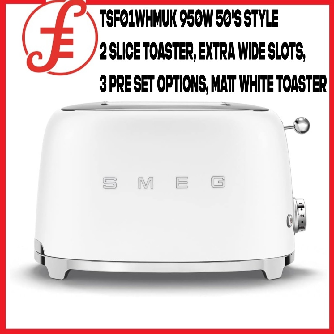 SMEG TSF01WHMUK 950W 50's Style 2 Slice Toaster, Extra Wide Slots, 3