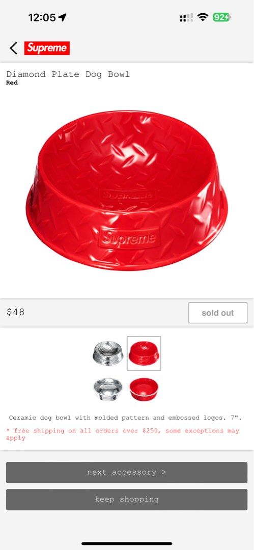 supreme diamond plate dog bowl SS23 - Red / Silver, Pet Supplies