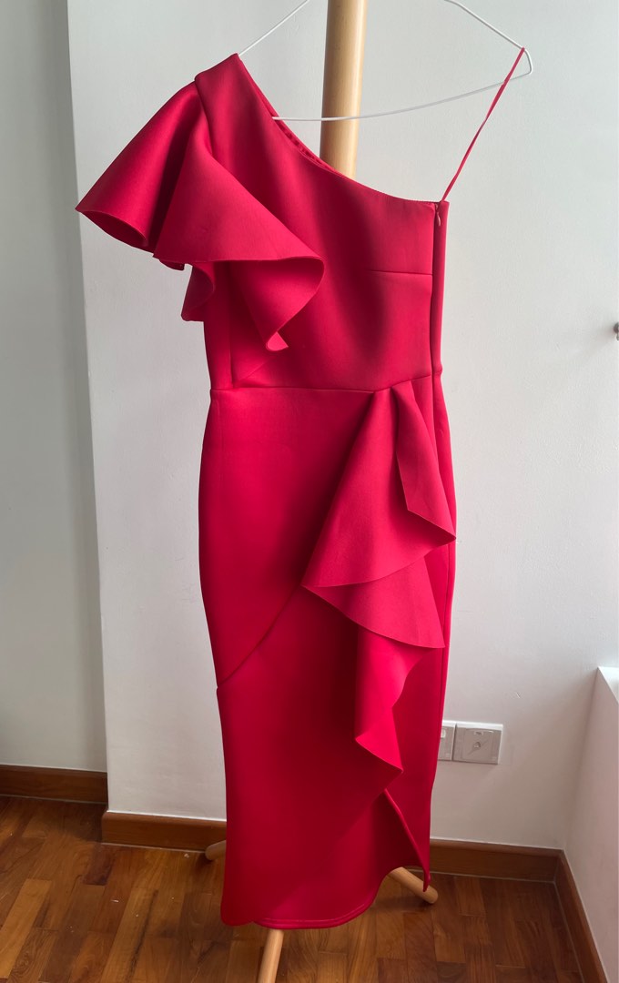 True violet exclusive one shoulder frill wrap dress in red 2025