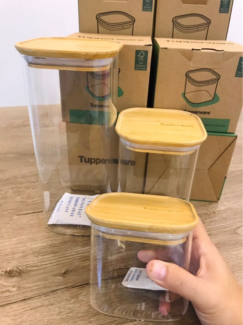 Tupperware Glass & Bamboo Storage Jar 550ml / 1.1L / 1.9L, Furniture