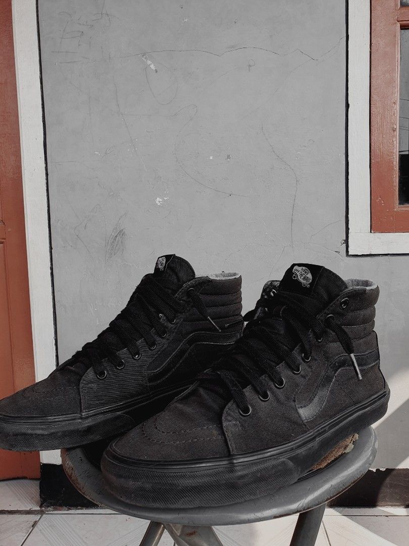 Vans Sk8 Hi All Full Black Canvas Fesyen Pria Sepatu Sneakers
