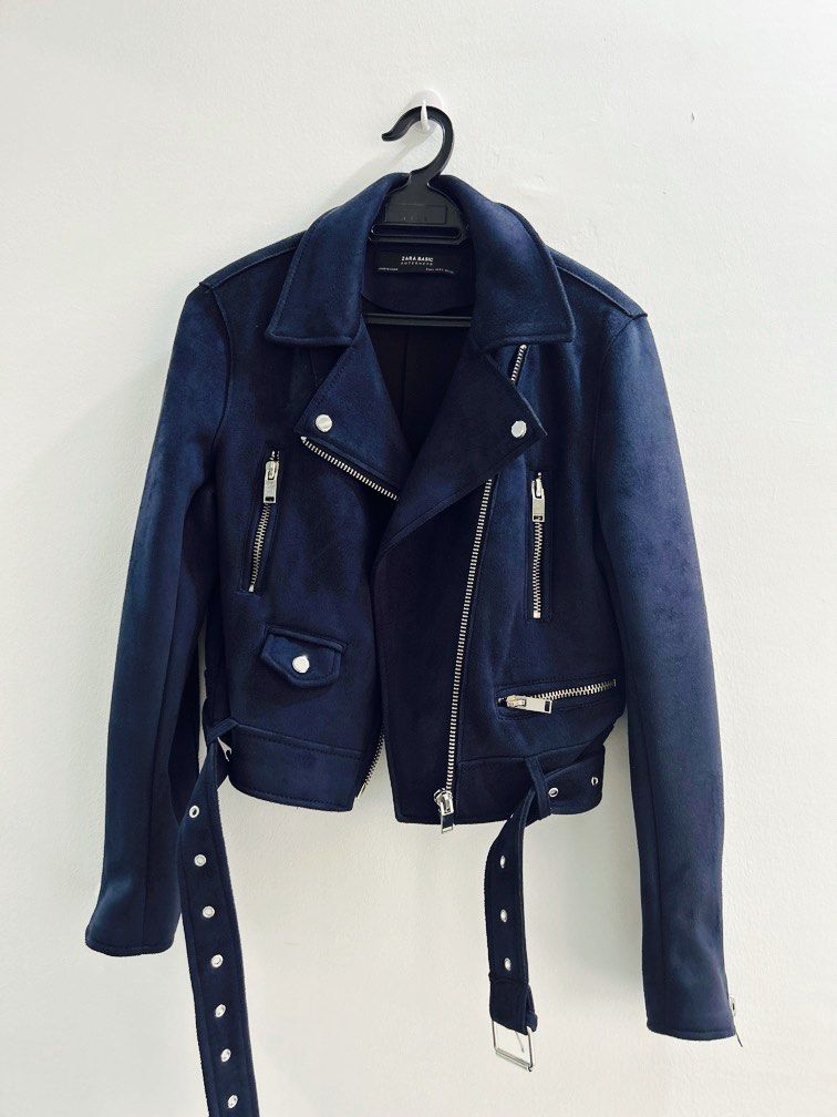 Zara Navy Blue Suede Biker amorous Jacket BNWOT S UK 8