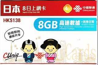 {荃灣24Cards} 聯通 4G 日本8日 8GB 無限上網卡 包平郵