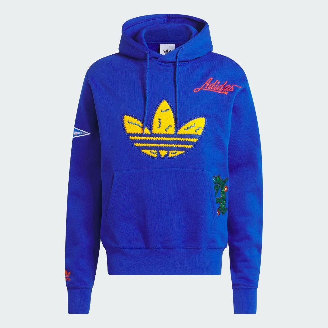 ADIDAS ORIGINALS 學院風藍色長袖帽T 愛迪達刺繡大LOGO連帽T恤男IL2355