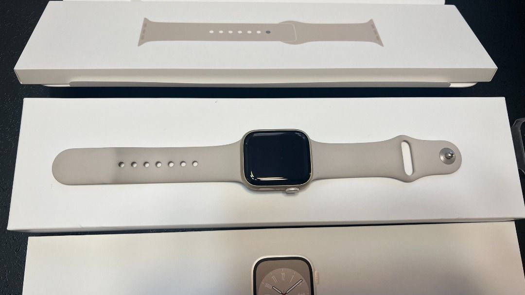 Apple Watch series 8 41mm Starlight (Category: Wearables & Smart Watches) located in Singapore. Submitted by thefriendlyneighbourhoodshop (Listing ID 1260438827, Image 2). Description: Some light scratches but otherwise all good. Still covered under limited warranty till March 2024. Collection at Jurong East. Lady user. The M/L strap is brand new. Full set provided. Contact me for further pictures if needed..