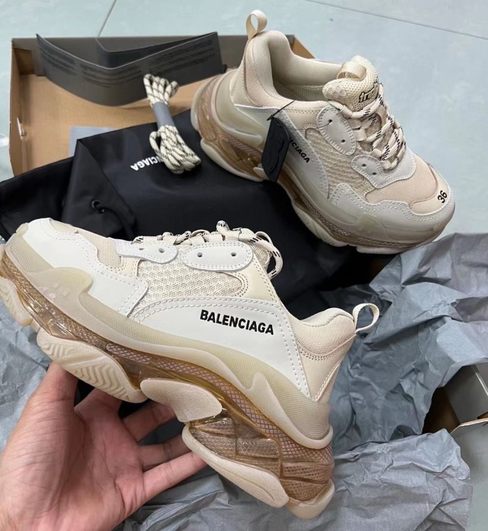 Balenciaga巴黎世家Triple S Clear Sole 復古休閒老爹鞋男款米白, 名牌