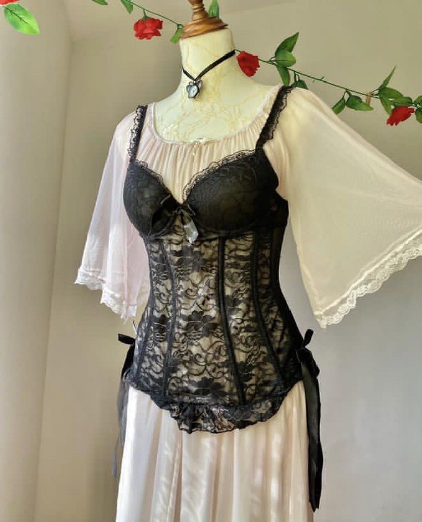 Black bustier lingerie corset glasslace halloween vampire costume