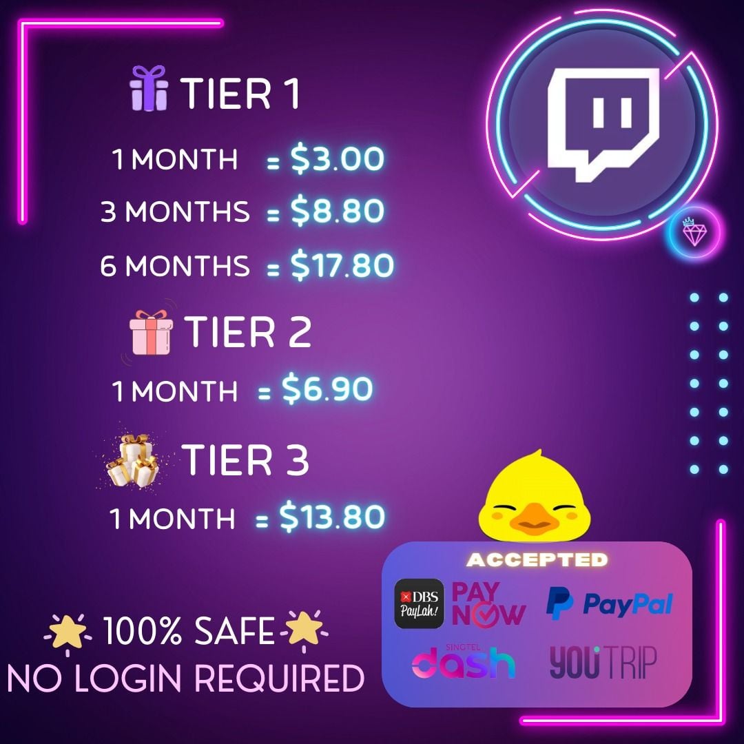 Twitch Subscriptions (Sub) | Tier 1 (T1) | Tier 2 (T2) | Tier 3 (T3), Video  Gaming, Gaming Accessories, Game Gift Cards & Accounts on Carousell