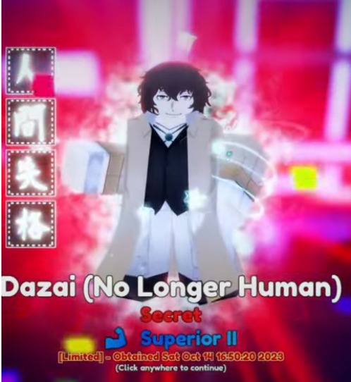 Anime Adventures High End Account, NEW SECRET Dazai (No Longer Human), 1  Secret 26 Mythics 5 Evolved, Celestial - Fuji, LVL 125