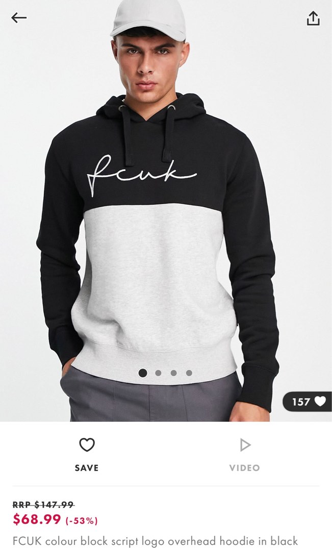 FCUK colour block script logo overhead hoodie black grey
