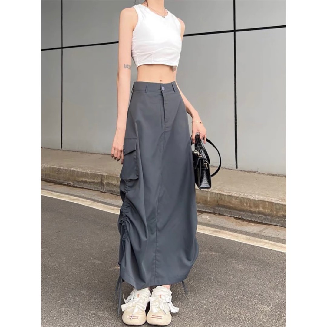 Grey drawstring long skirt hotsell