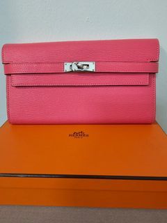 HERMES Kelly Long Wallet Chevre Myzore Goatskin 2015 Silver Hardware Pink