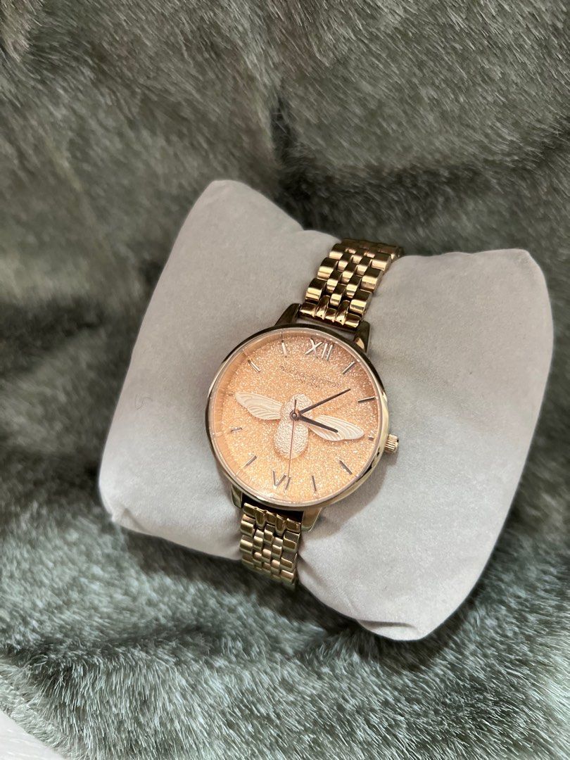 Jam tangan olivia burton glitter dial 3D bee pale RG OB16GD46 original