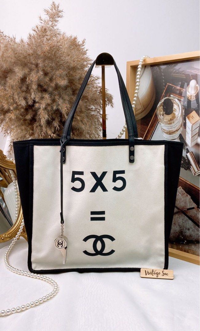 Chanel Vintage White Logo Black Canvas Tote Bag - LAR Vintage