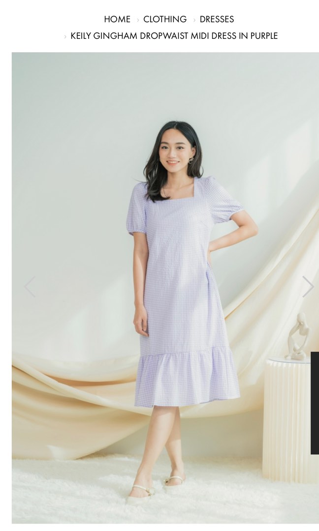 Keily Gingham Drop waist Midi Dress in Purple