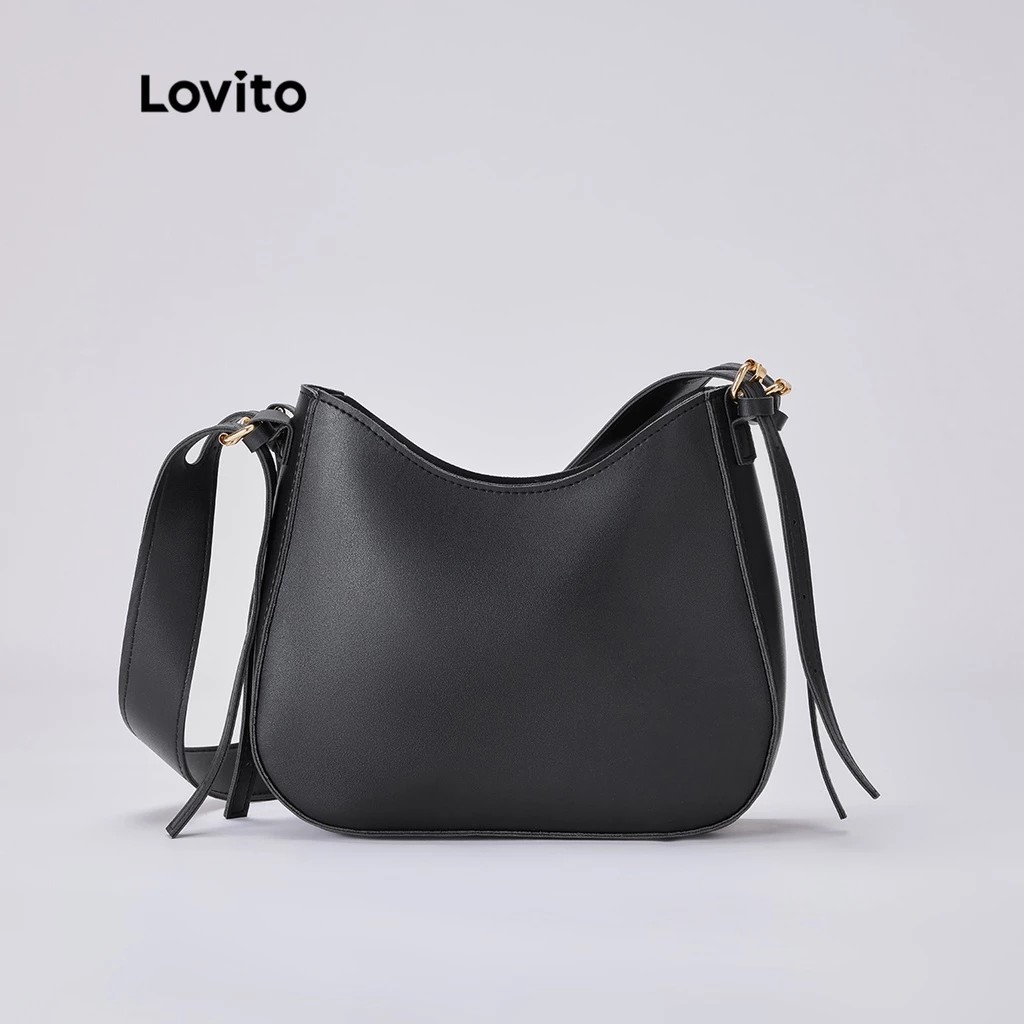 Lovito casual plain pastel color black minimalist style wide shoulder ...