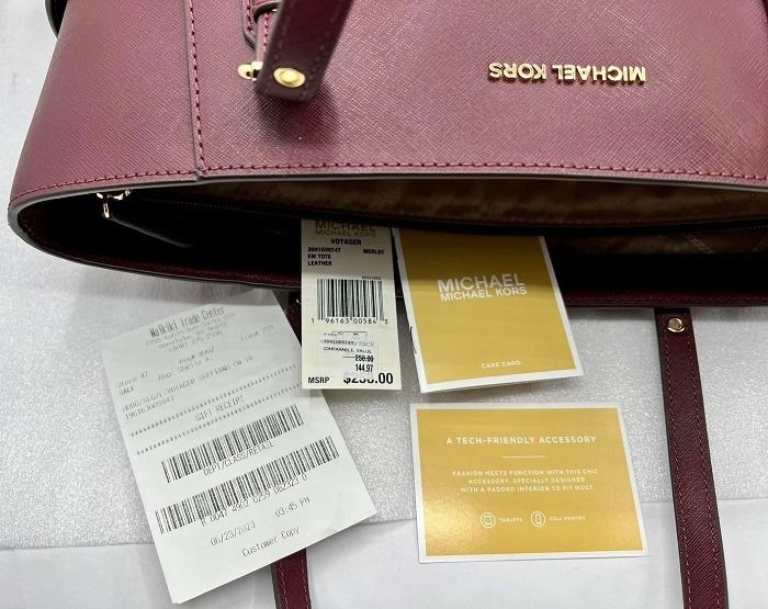 Review on Voyager Small Saffiano Leather Tote Bag In Merlot Details: •