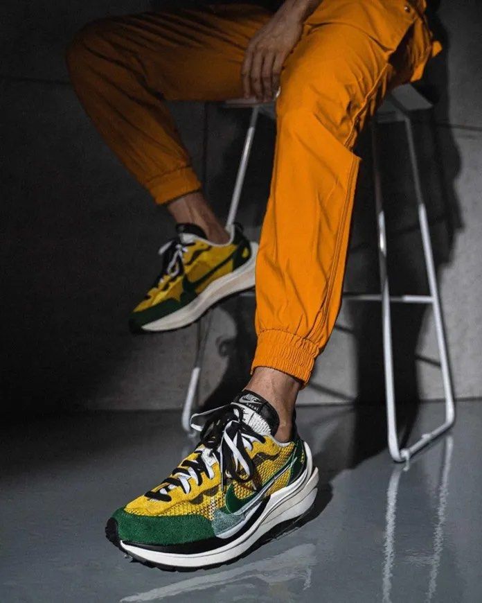 sacai vaporwaffle tour yellow on feet