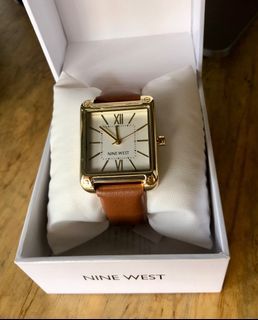 Nine West Women's Watch Brown Leather Strap Gold Tank Cartier Inspired