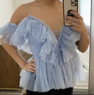 NWOT Dusty Blue -FAIRY RUFFLE LACE-UP OFF-THE-SHOULDER TOP BLOUSE