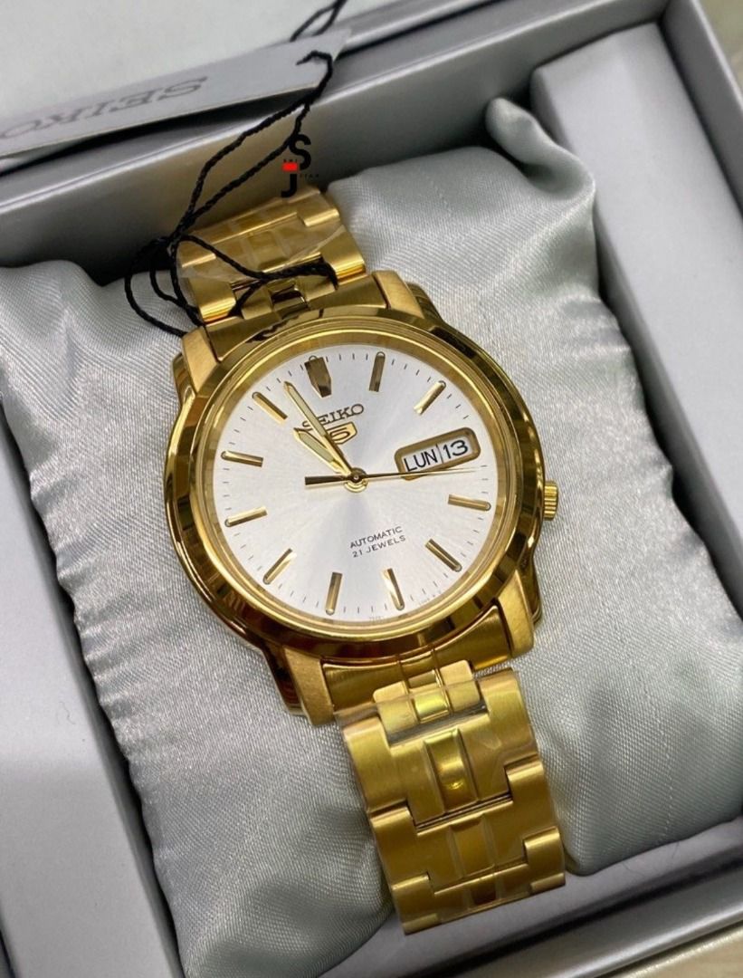 Original Seiko 5 Automatic Men s White Dial Gold Stainless Steel Strap Watch SNKK74K1