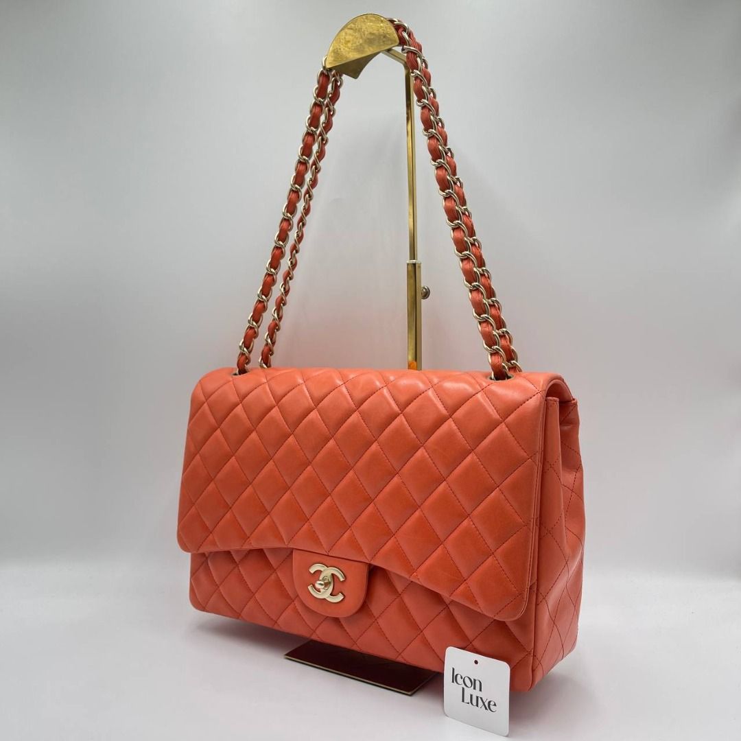 P2581 Chanel Classic Double Flap Bag Red Quilted Leather Maxi
