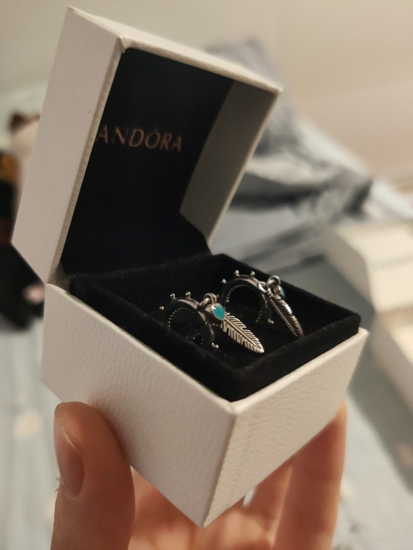 Pandora Turquoise Heart and Feather Earrings Women s Fashion