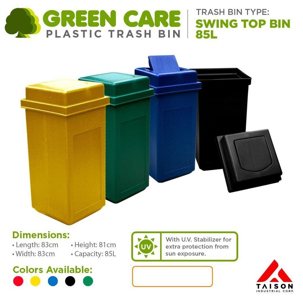 Plastic Trash Bin Swing Top Bin 85L Color Black (Category: Waste Bins & Bags) located in Valenzuela. Submitted by lucyulo (Listing ID 1260396178, Image 2). Description: Plastic Trash Bin Swing Top Bin 85L Color Black ₱1,583 Swing Top Bin 85L 5 Colors Available Size: 39x39x81cm - Good For Waste Segregation - Good For Indoor and Outdoor DENR approved design For trash segregation Durable design UV resistant Impact resistant Flame resistant For indoo