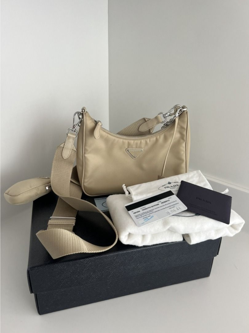 Prada Re-Edition 2005 Shoulder Bag Nylon Cameo Beige in Nylon/Saffiano  Leather with Silver-tone - US