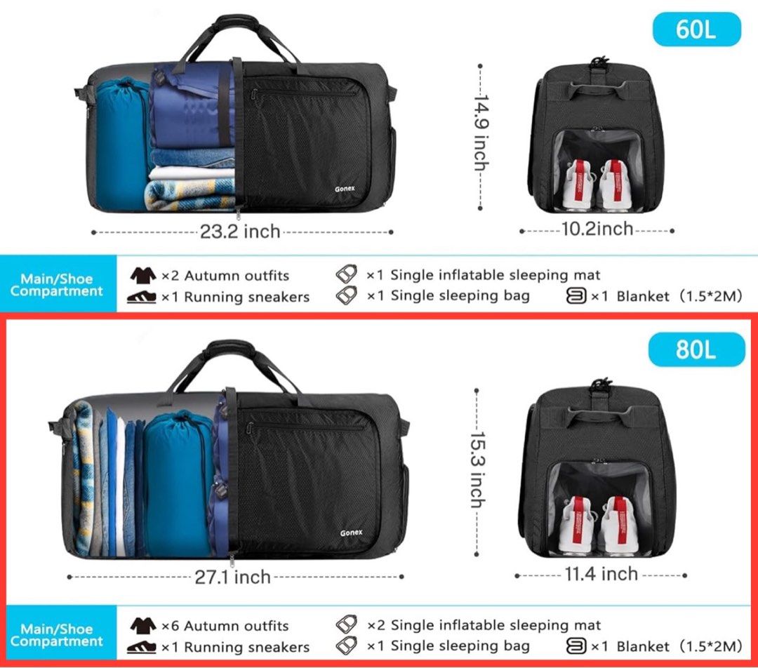 Gonex 80l packable cheap travel duffle bag