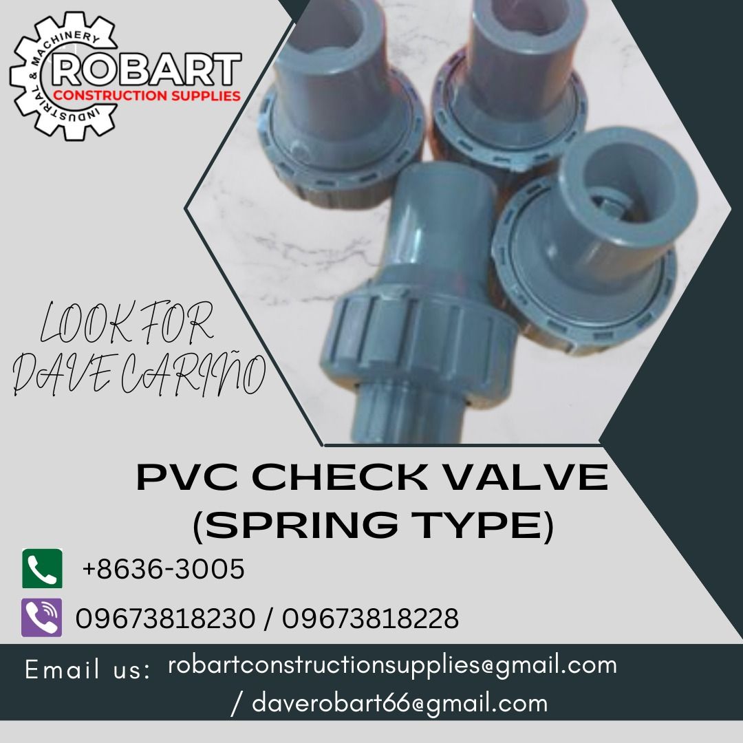 PVC CHECK VALVE (SPRING TYPE) (Category: Construction Tools & Equipment) located in Caloocan City. Submitted by gabo. (Listing ID 1260366784, Image 1). Description: SALE❗ ❗ ❗ SALE❗ ❗ ❗ SALE❗ ❗ ❗ PVC CHECK VALVE (SPRING TYPE) SIZE: 1/2" NOTE: PRICE DEPEND UPON SIZE LOOK FOR: Dave T. Cariño Email: daverobart66@gmail.com 0 9 6 7 3 8 1 8 2 2 8 / 0 9 6 7 3 8 1 8 2 3 0 7 7 4 6 - 6 2 4 8 / 7 0 0 2 - 2 8 7 2 / 8 6 3 6 - 3 0 0 5 𝑹𝑶𝑩𝑨𝑹𝑻 𝑪𝑶𝑵𝑺𝑻𝑹�