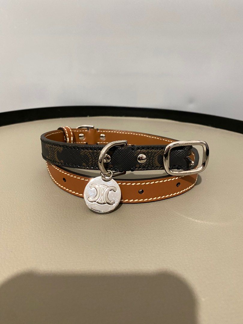 Celine - Small Thin Dog Collar in Triomphe Canvas and Calfskin Leather - Beige / Black / Brown - for Women