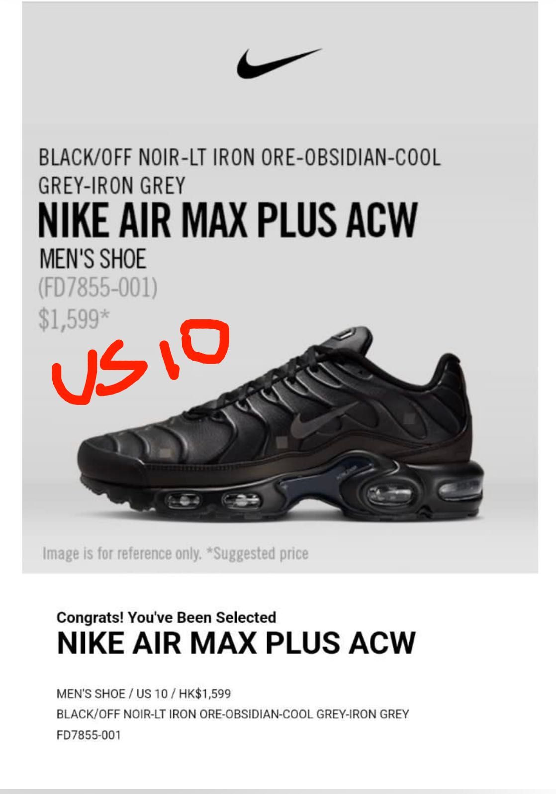US 10 ACW x Nike Air Max Plus, 男裝, 鞋, 波鞋- Carousell