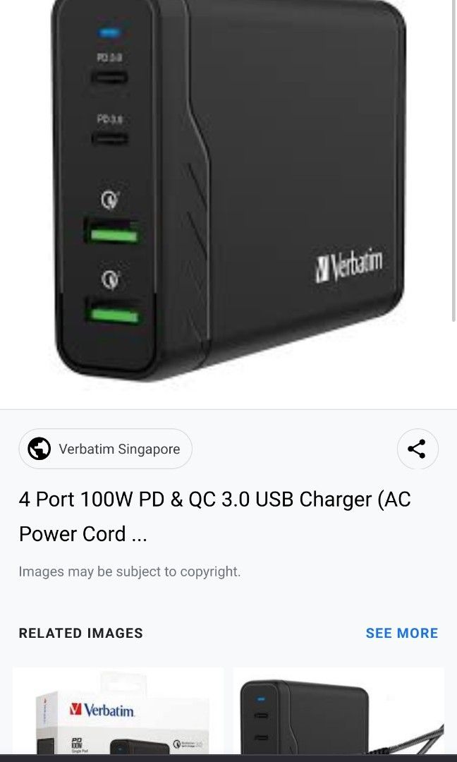 4 Port 200W PD 3.0 & QC 3.0 GaN Charger (AC Power Cord) - Verbatim