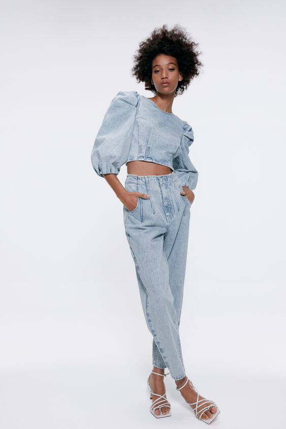 Zara denim top with puff sleeves deals